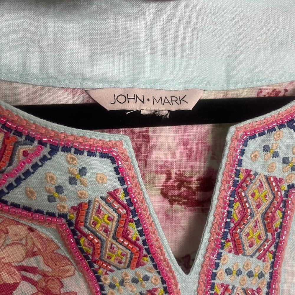 John Mark Women's Blue Floral Beaded V-Neck Linen Cotton Tunic Size Large - Picture 5 of 8